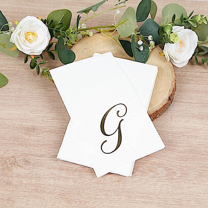100 Disposable Dinner Paper Napkins with Gold Foil Letter - White