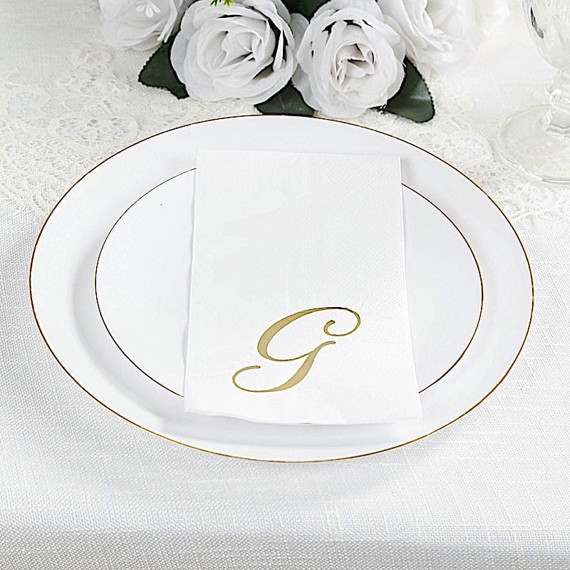 100 Disposable Dinner Paper Napkins with Gold Foil Letter - White