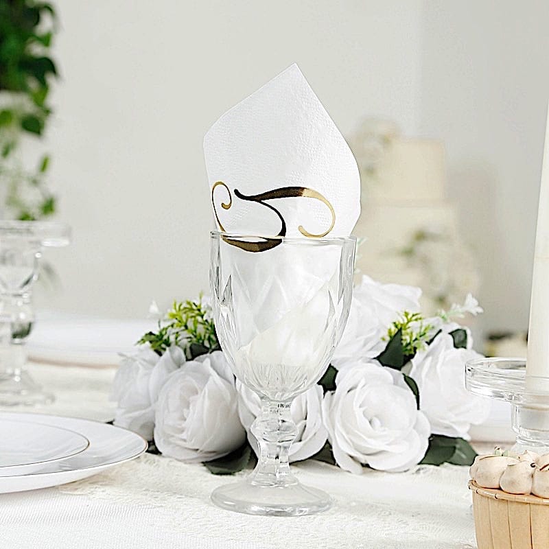 100 Disposable Dinner Paper Napkins with Gold Foil Letter - White