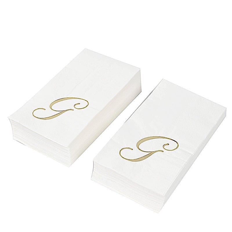 100 Disposable Dinner Paper Napkins with Gold Foil Letter - White