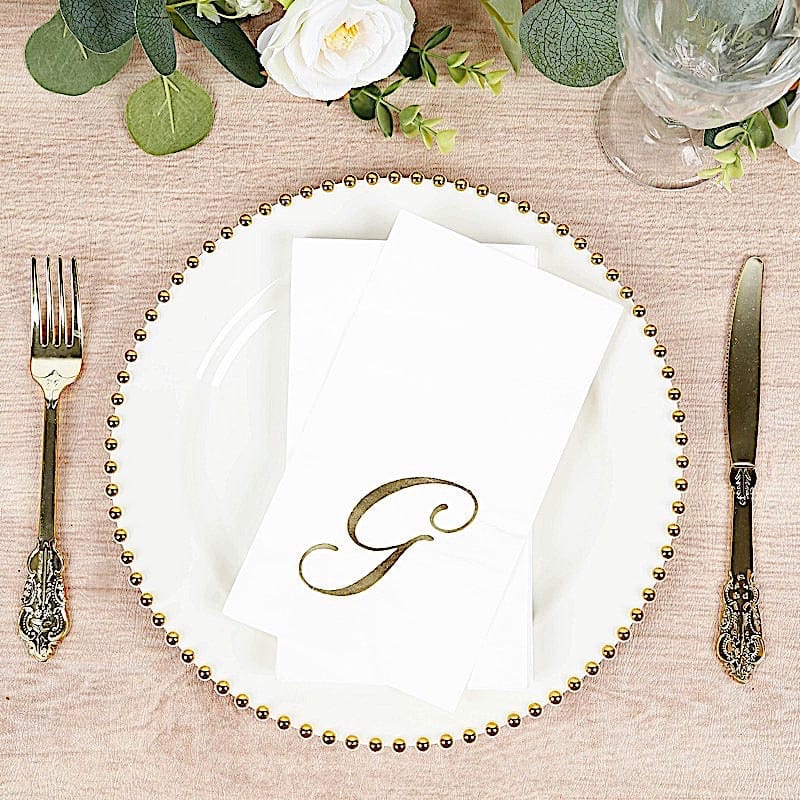 100 Disposable Dinner Paper Napkins with Gold Foil Letter - White