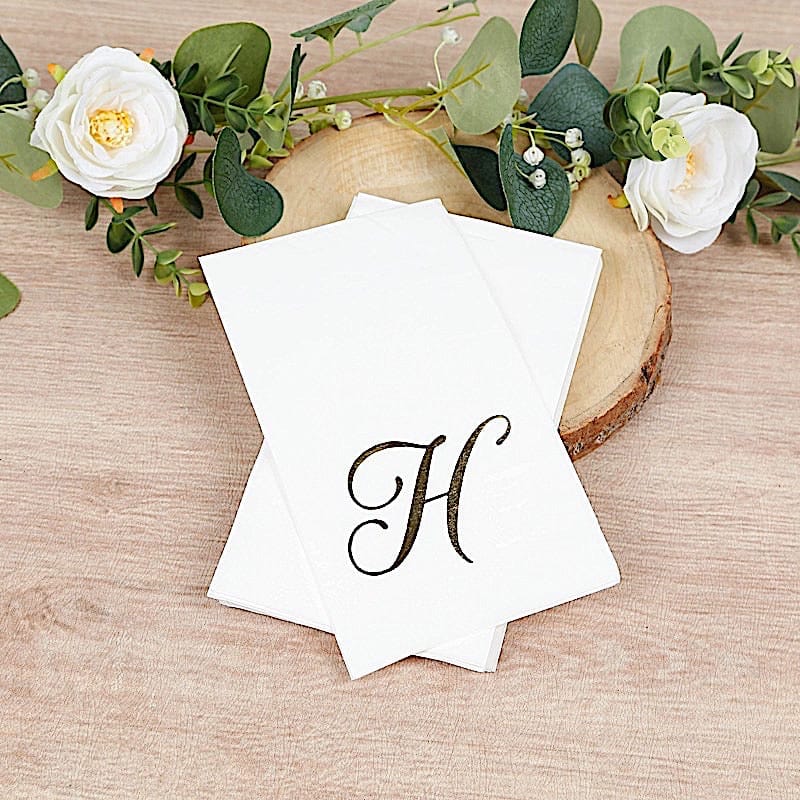 100 Disposable Dinner Paper Napkins with Gold Foil Letter - White