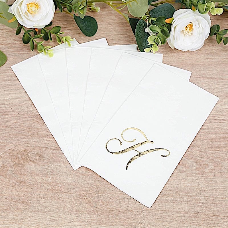 100 Disposable Dinner Paper Napkins with Gold Foil Letter - White