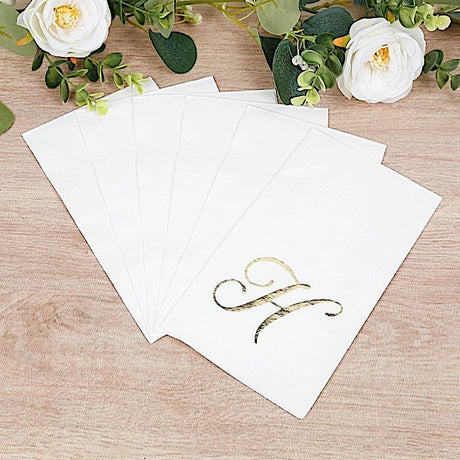 100 Disposable Dinner Paper Napkins with Gold Foil Letter - White
