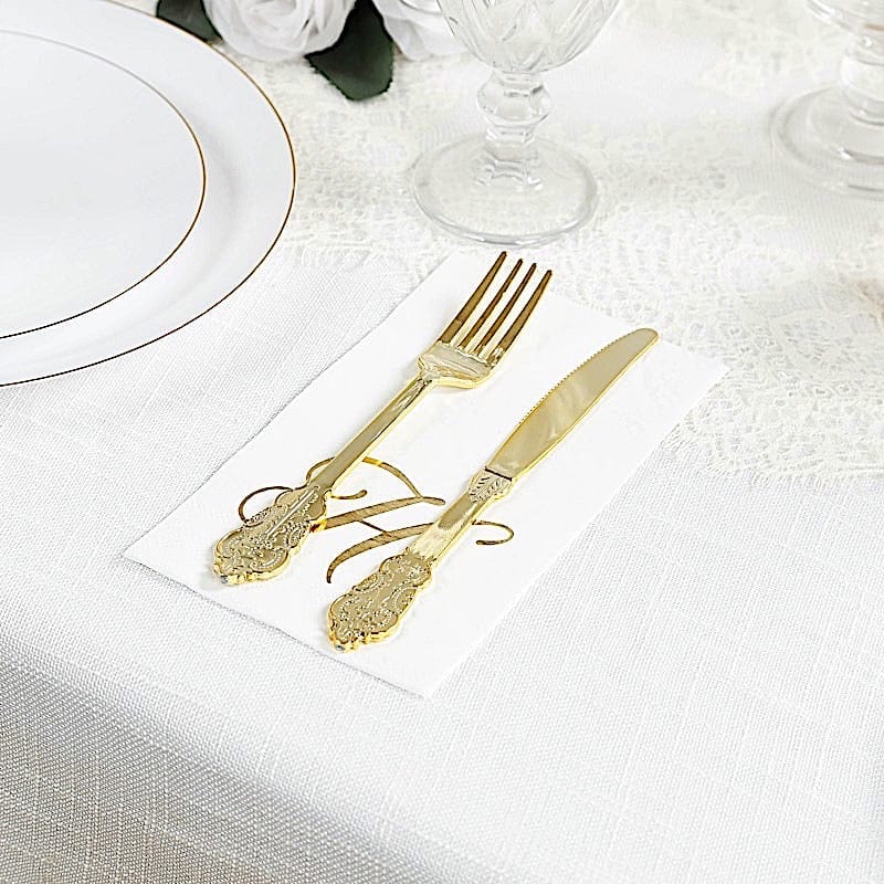 100 Disposable Dinner Paper Napkins with Gold Foil Letter - White