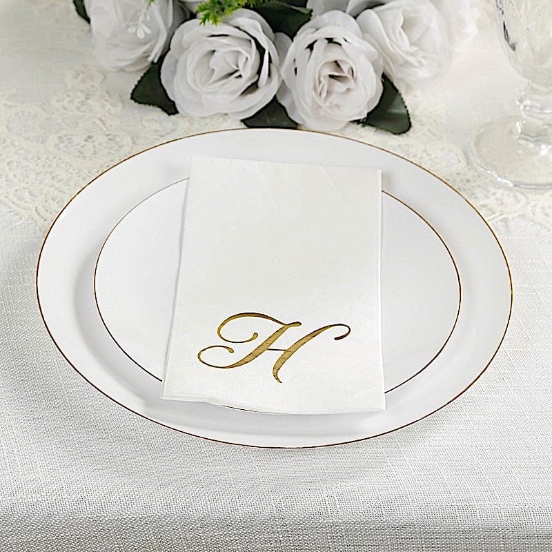 100 Disposable Dinner Paper Napkins with Gold Foil Letter - White