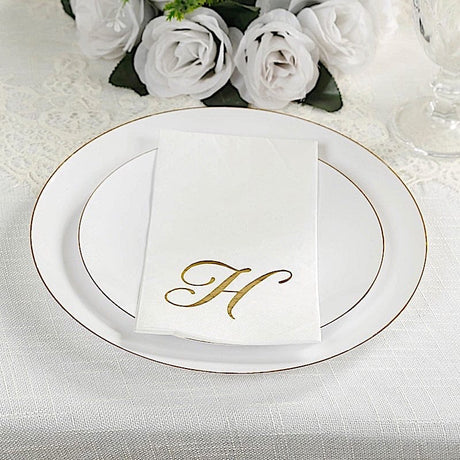 100 Disposable Dinner Paper Napkins with Gold Foil Letter - White