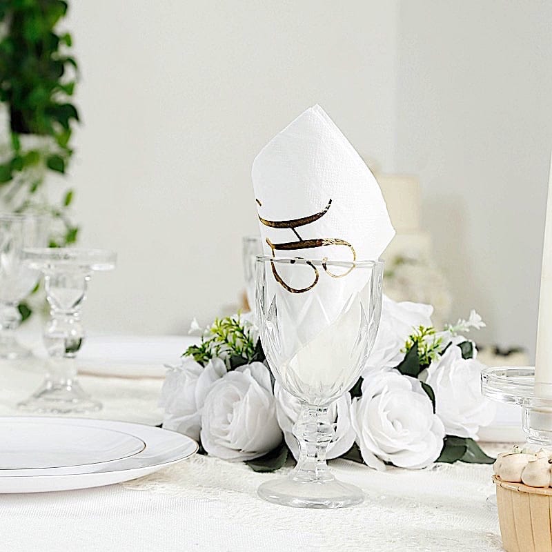 100 Disposable Dinner Paper Napkins with Gold Foil Letter - White