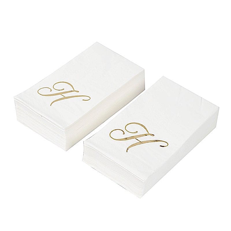 100 Disposable Dinner Paper Napkins with Gold Foil Letter - White