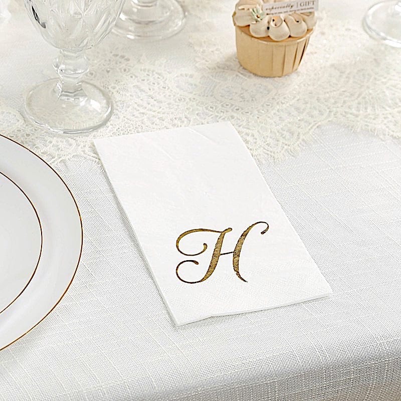 100 Disposable Dinner Paper Napkins with Gold Foil Letter - White