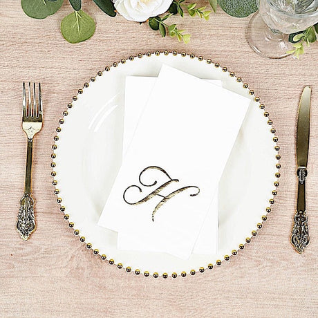 100 Disposable Dinner Paper Napkins with Gold Foil Letter - White