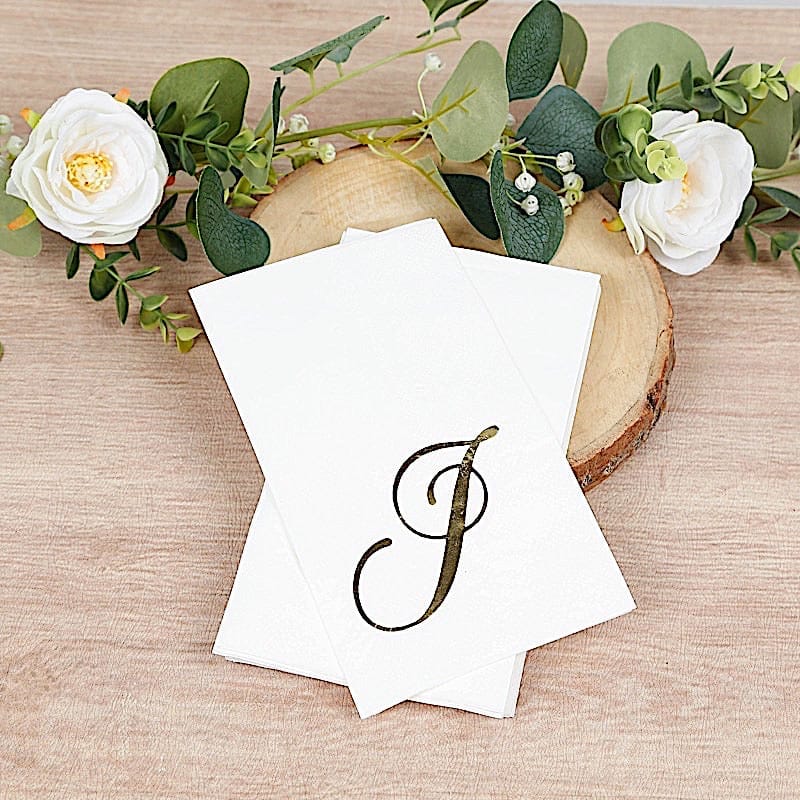 100 Disposable Dinner Paper Napkins with Gold Foil Letter - White