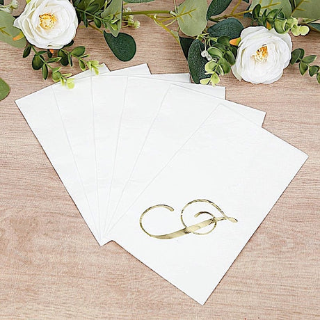 100 Disposable Dinner Paper Napkins with Gold Foil Letter - White