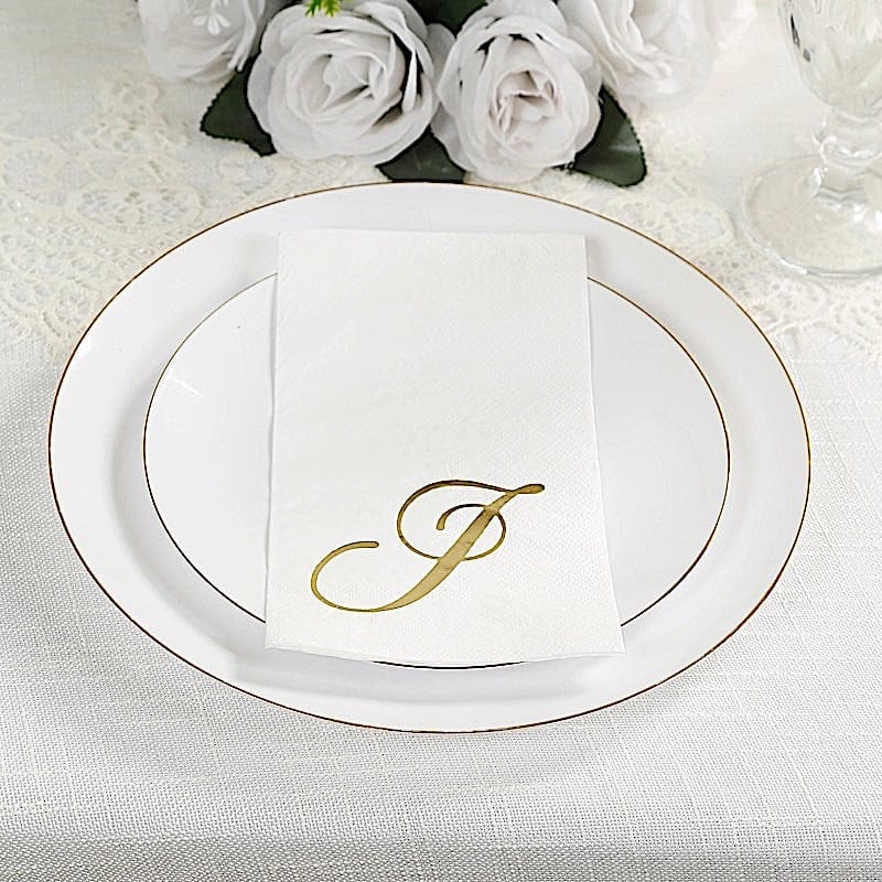 100 Disposable Dinner Paper Napkins with Gold Foil Letter - White