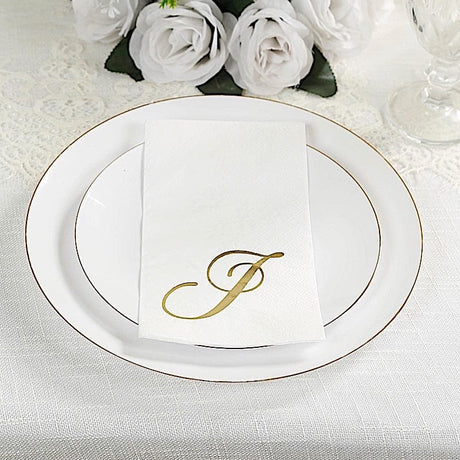 100 Disposable Dinner Paper Napkins with Gold Foil Letter - White