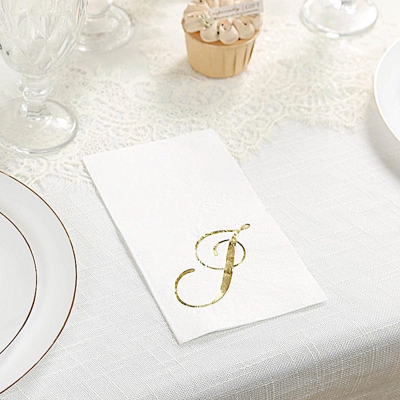 100 Disposable Dinner Paper Napkins with Gold Foil Letter - White