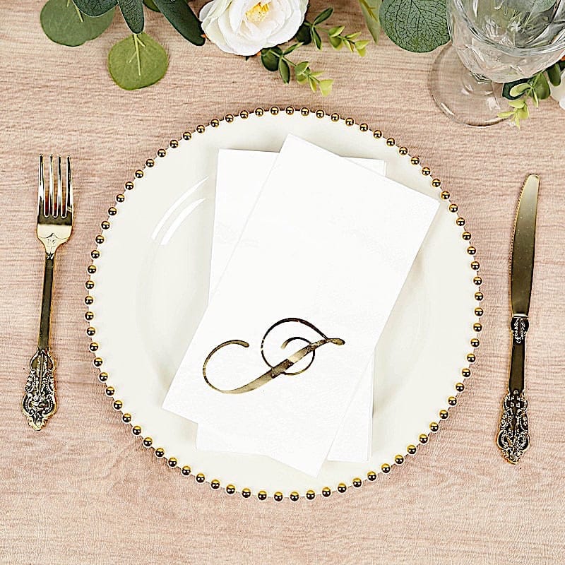 100 Disposable Dinner Paper Napkins with Gold Foil Letter - White