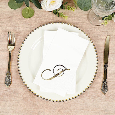 100 Disposable Dinner Paper Napkins with Gold Foil Letter - White