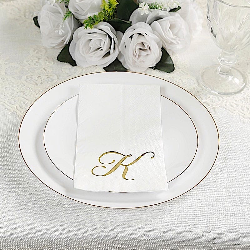 100 Disposable Dinner Paper Napkins with Gold Foil Letter - White