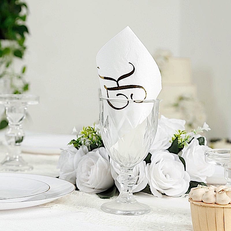 100 Disposable Dinner Paper Napkins with Gold Foil Letter - White