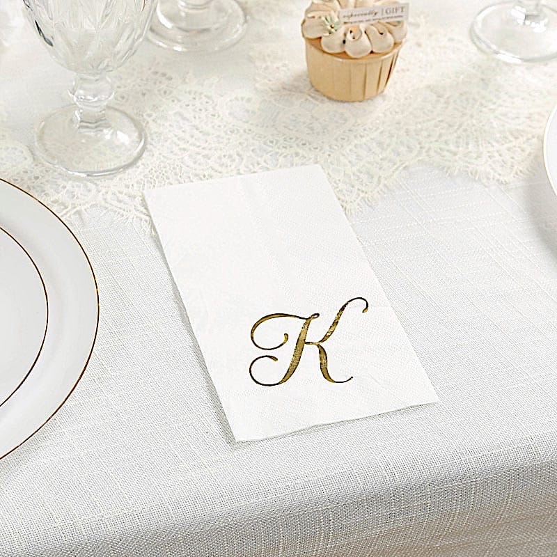 100 Disposable Dinner Paper Napkins with Gold Foil Letter - White