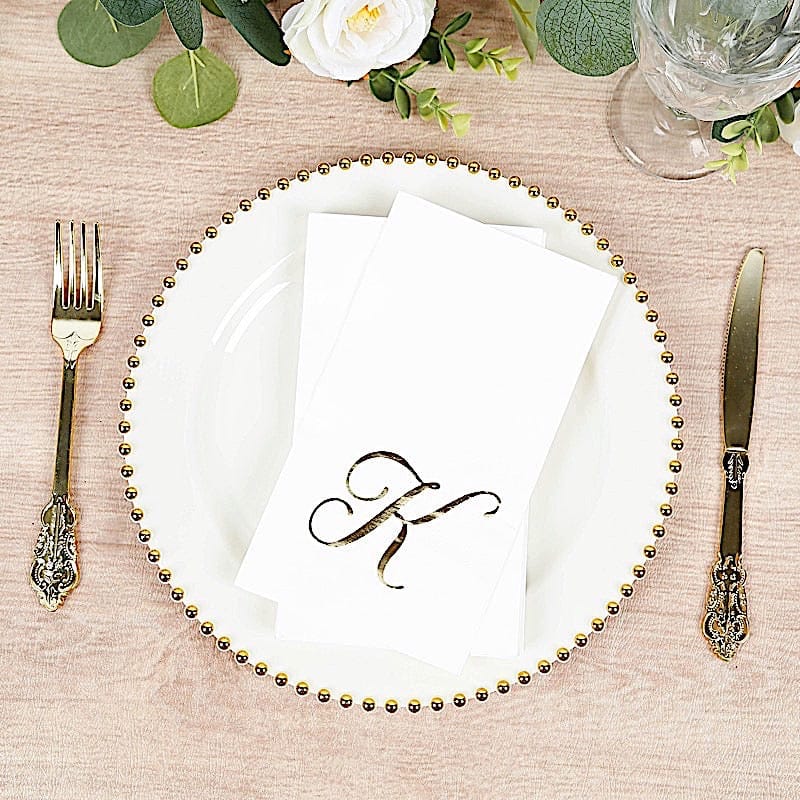 100 Disposable Dinner Paper Napkins with Gold Foil Letter - White