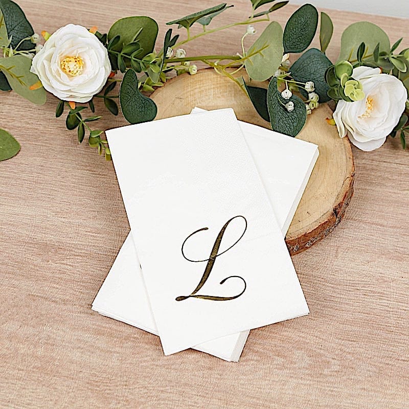 100 Disposable Dinner Paper Napkins with Gold Foil Letter - White