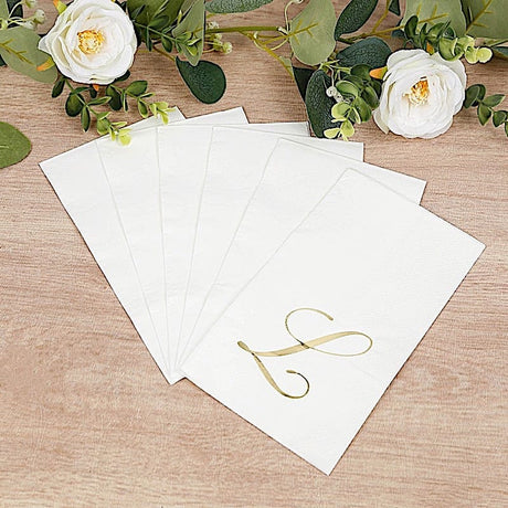 100 Disposable Dinner Paper Napkins with Gold Foil Letter - White