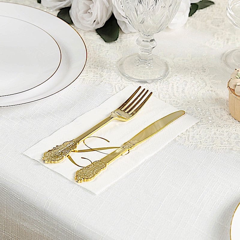100 Disposable Dinner Paper Napkins with Gold Foil Letter - White