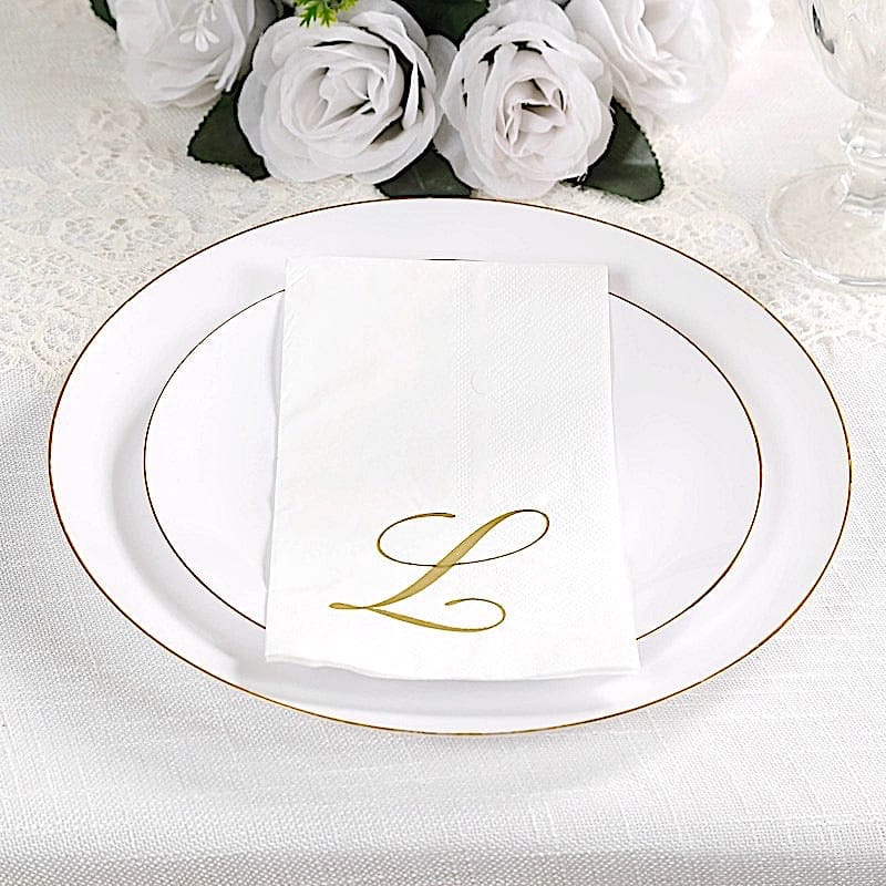 100 Disposable Dinner Paper Napkins with Gold Foil Letter - White