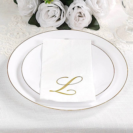 100 Disposable Dinner Paper Napkins with Gold Foil Letter - White
