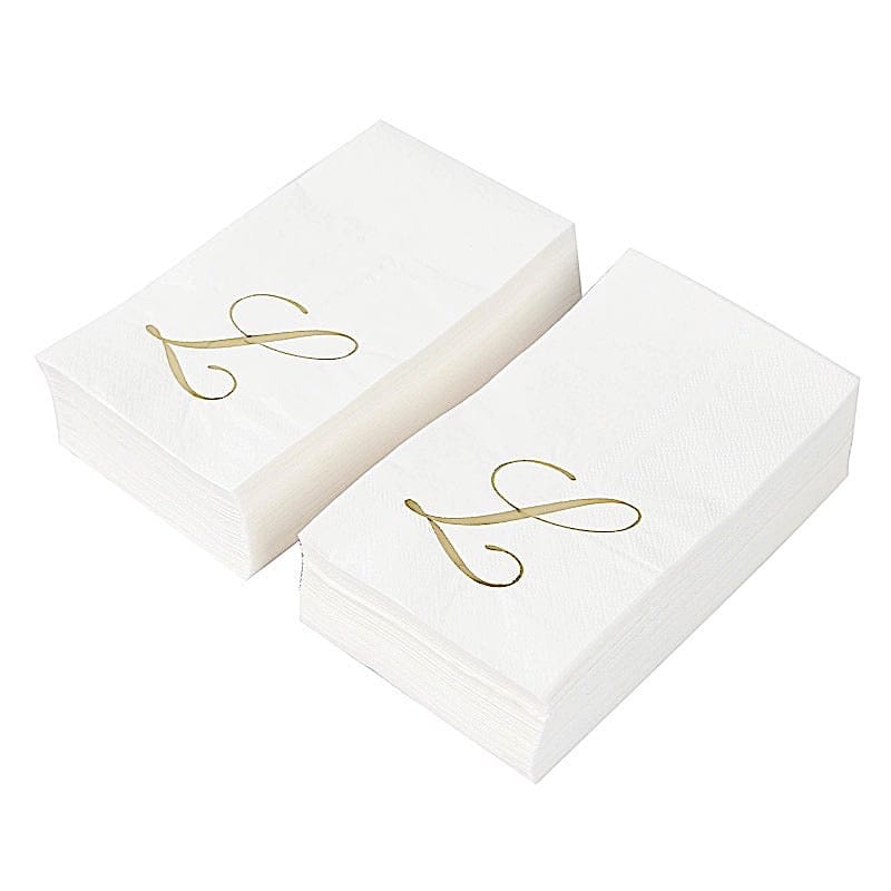 100 Disposable Dinner Paper Napkins with Gold Foil Letter - White