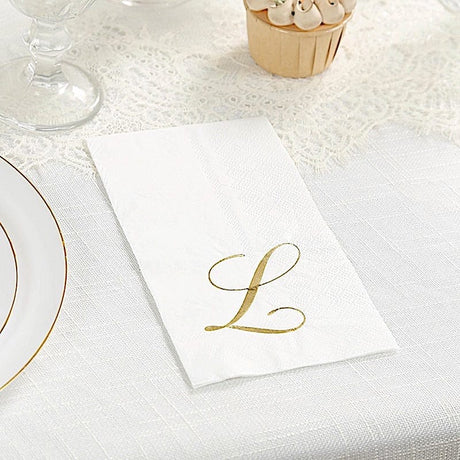 100 Disposable Dinner Paper Napkins with Gold Foil Letter - White