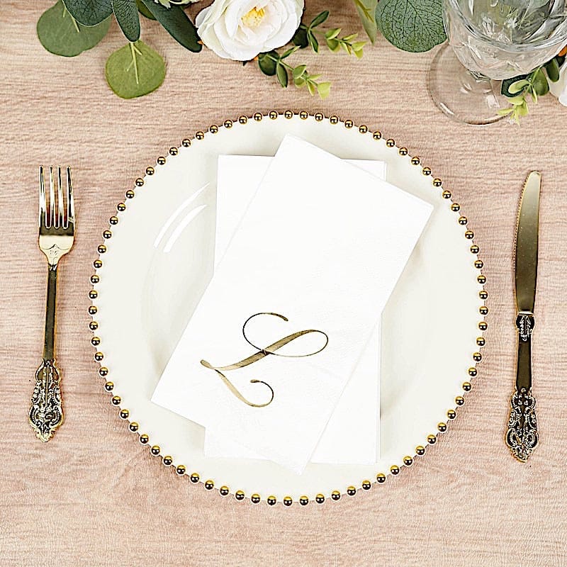 100 Disposable Dinner Paper Napkins with Gold Foil Letter - White