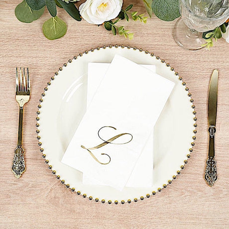 100 Disposable Dinner Paper Napkins with Gold Foil Letter - White