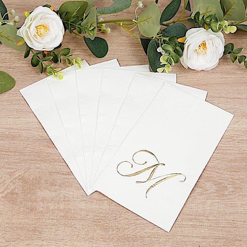 100 Disposable Dinner Paper Napkins with Gold Foil Letter - White
