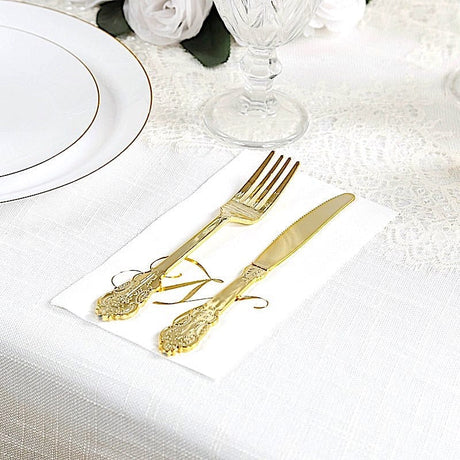 100 Disposable Dinner Paper Napkins with Gold Foil Letter - White