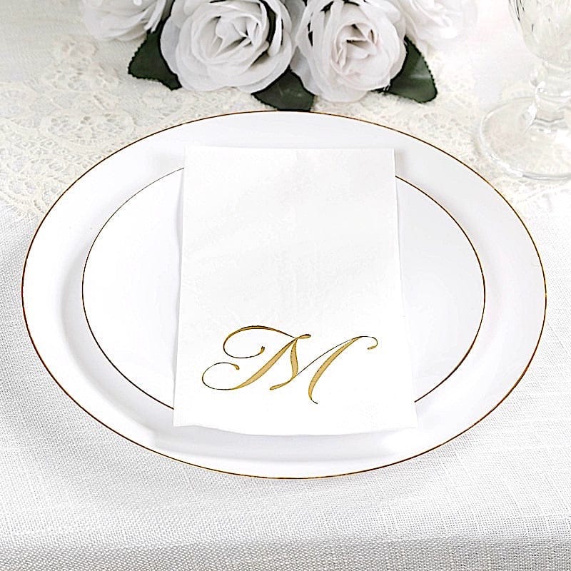 100 Disposable Dinner Paper Napkins with Gold Foil Letter - White