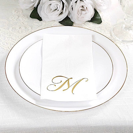 100 Disposable Dinner Paper Napkins with Gold Foil Letter - White