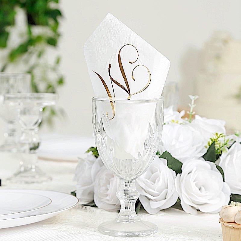 100 Disposable Dinner Paper Napkins with Gold Foil Letter - White