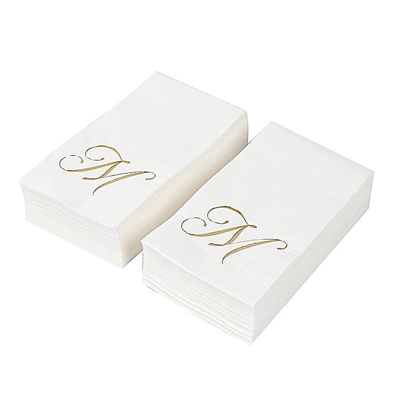 100 Disposable Dinner Paper Napkins with Gold Foil Letter - White