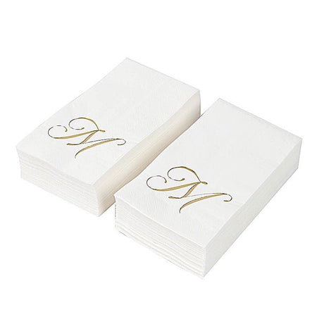 100 Disposable Dinner Paper Napkins with Gold Foil Letter - White