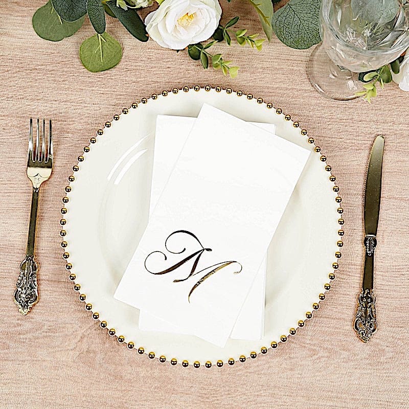 100 Disposable Dinner Paper Napkins with Gold Foil Letter - White