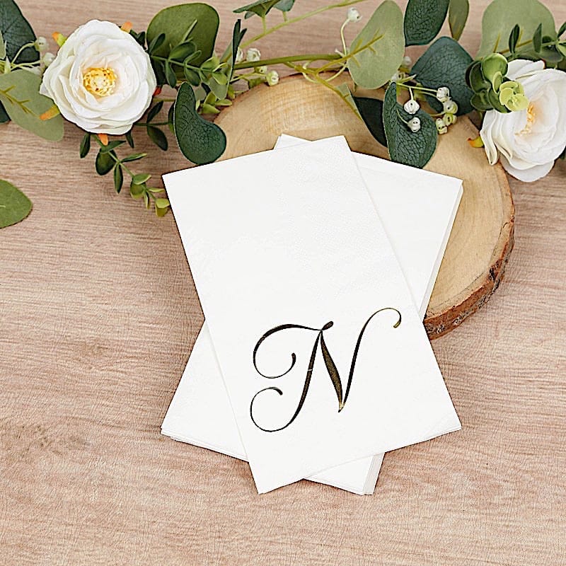 100 Disposable Dinner Paper Napkins with Gold Foil Letter - White
