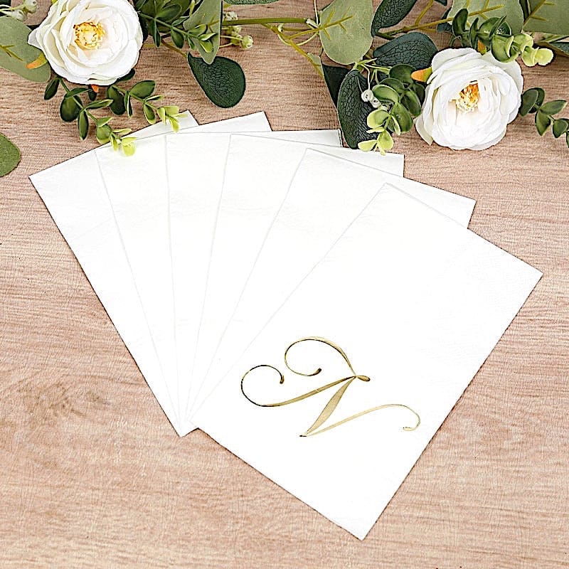 100 Disposable Dinner Paper Napkins with Gold Foil Letter - White