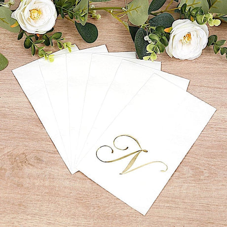 100 Disposable Dinner Paper Napkins with Gold Foil Letter - White