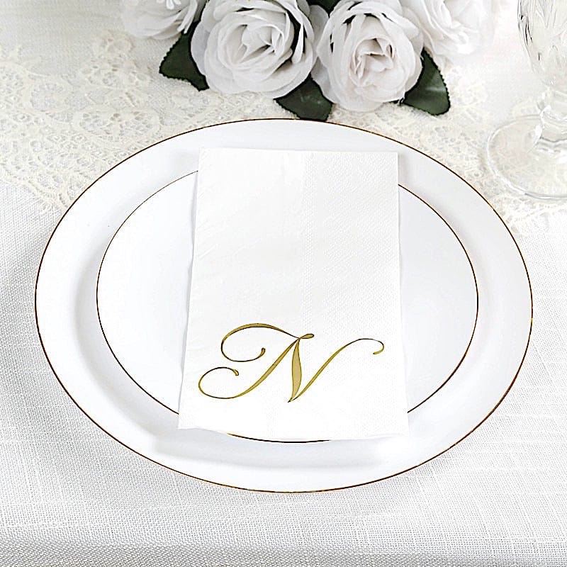 100 Disposable Dinner Paper Napkins with Gold Foil Letter - White