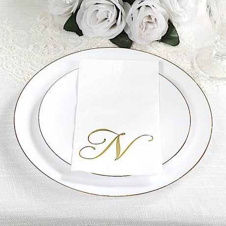 100 Disposable Dinner Paper Napkins with Gold Foil Letter - White