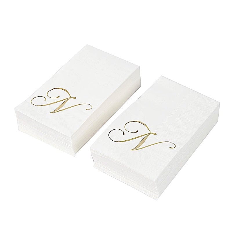 100 Disposable Dinner Paper Napkins with Gold Foil Letter - White