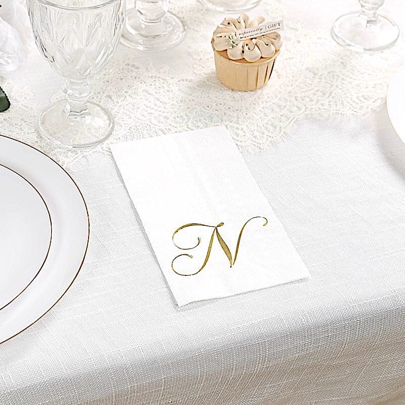 100 Disposable Dinner Paper Napkins with Gold Foil Letter - White